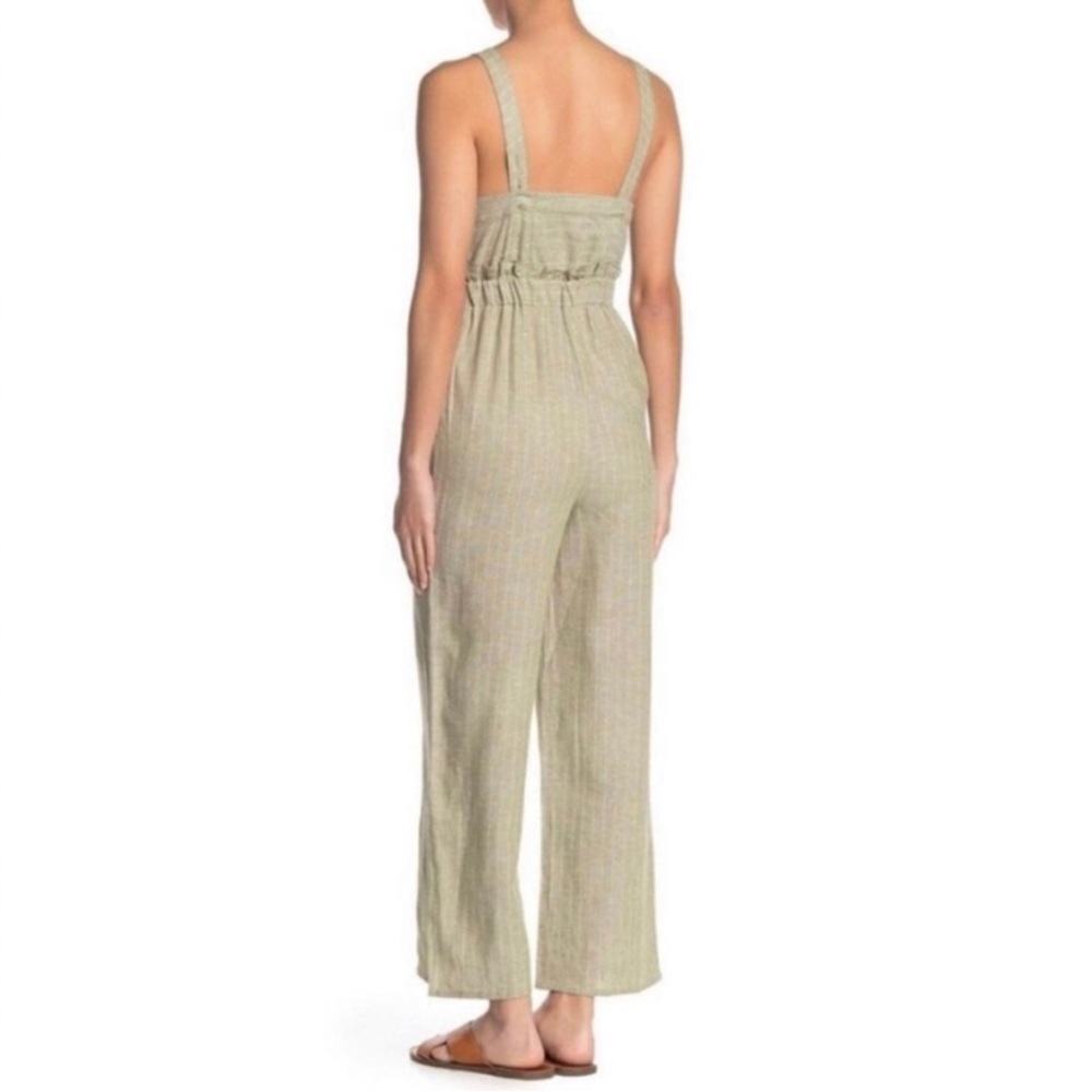 𝅺Romeo & Juliet Couture Linen Blend Olive Green Pinstripe Jumpsuit Size S NWT - Picture 2 of 10